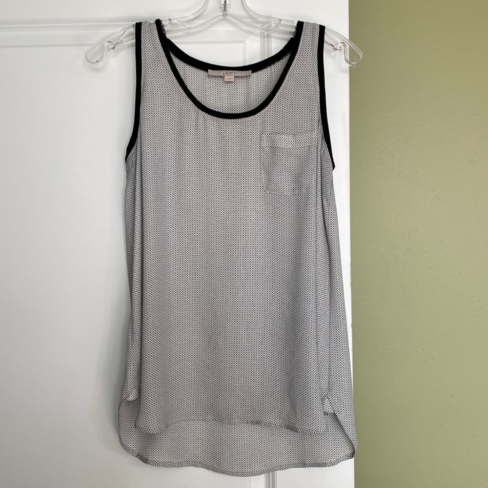 LOFT White and Black Dot Sheer Tank with Black Trim